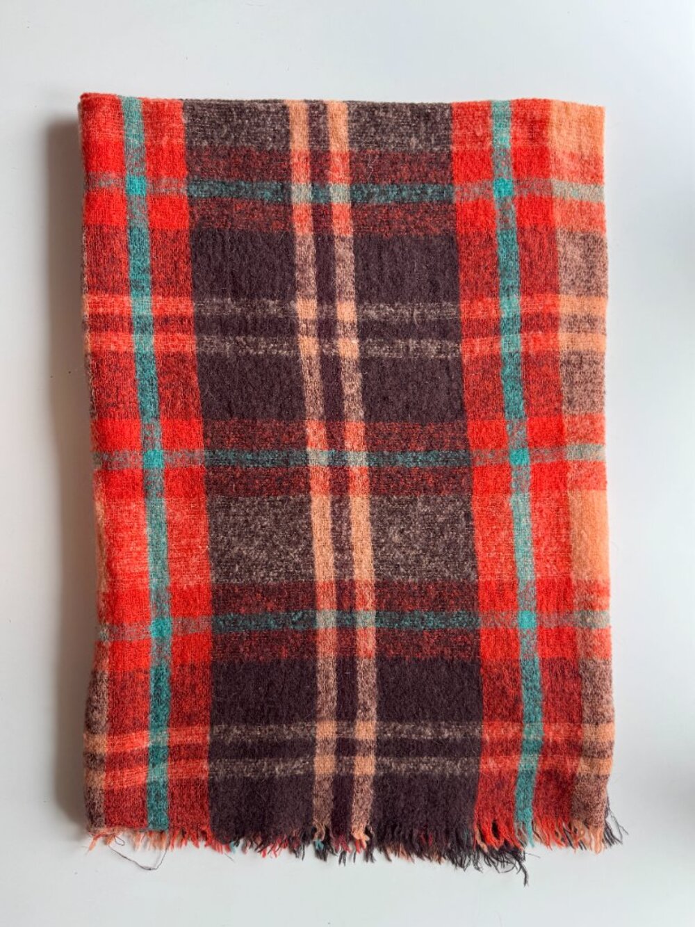 Vintage Orange Brown Turquoise Check Wool Blend Fringed 80"x 60" Throw Blanket